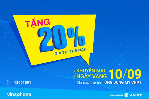 VinaPhone tặng 20% giá trị nạp cho TB trả trước nạp thẻ qua app My VNPT